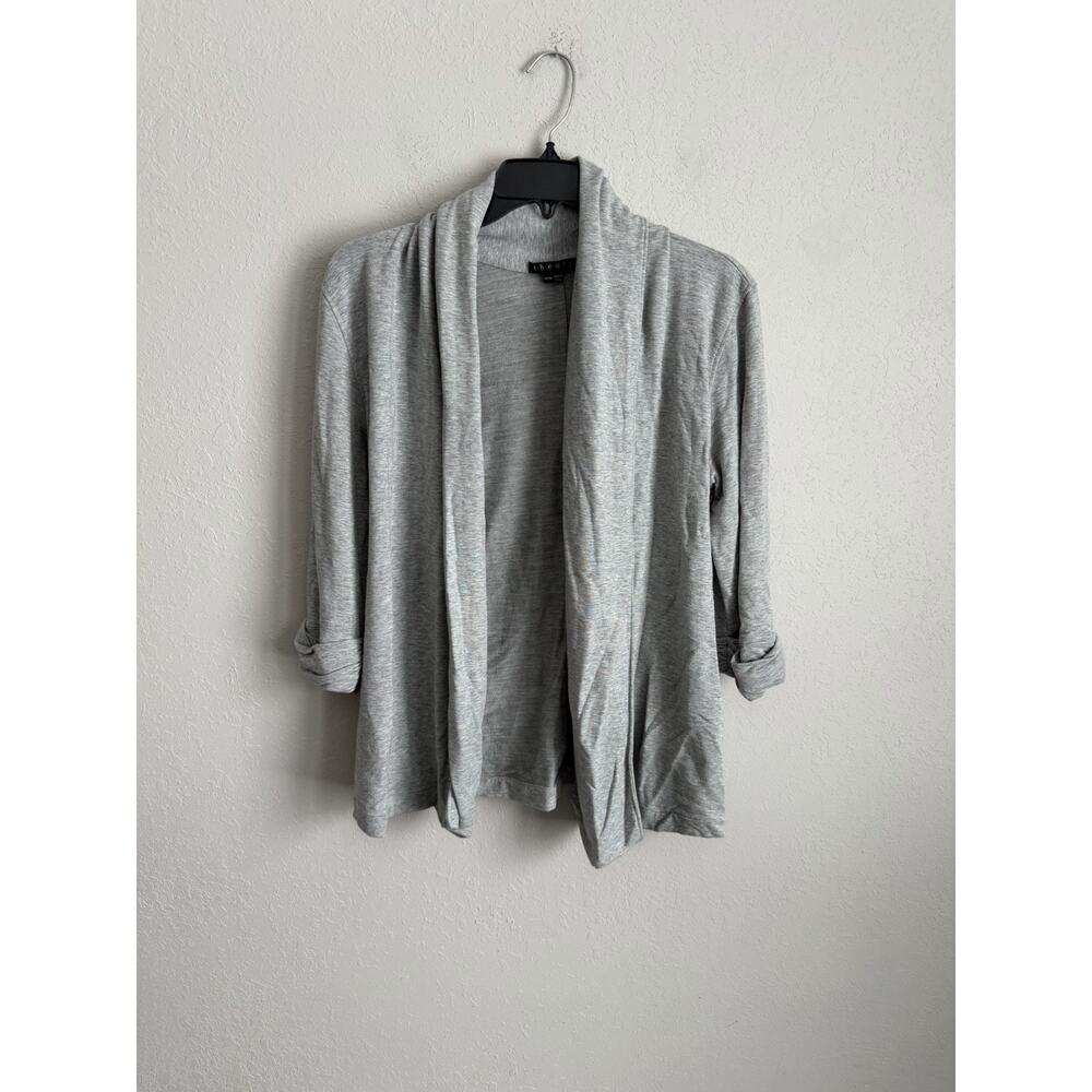 Theory Gray Shawl Collar 3/4 Ruched Sleeve Open Front Cardigan Womens M Classic